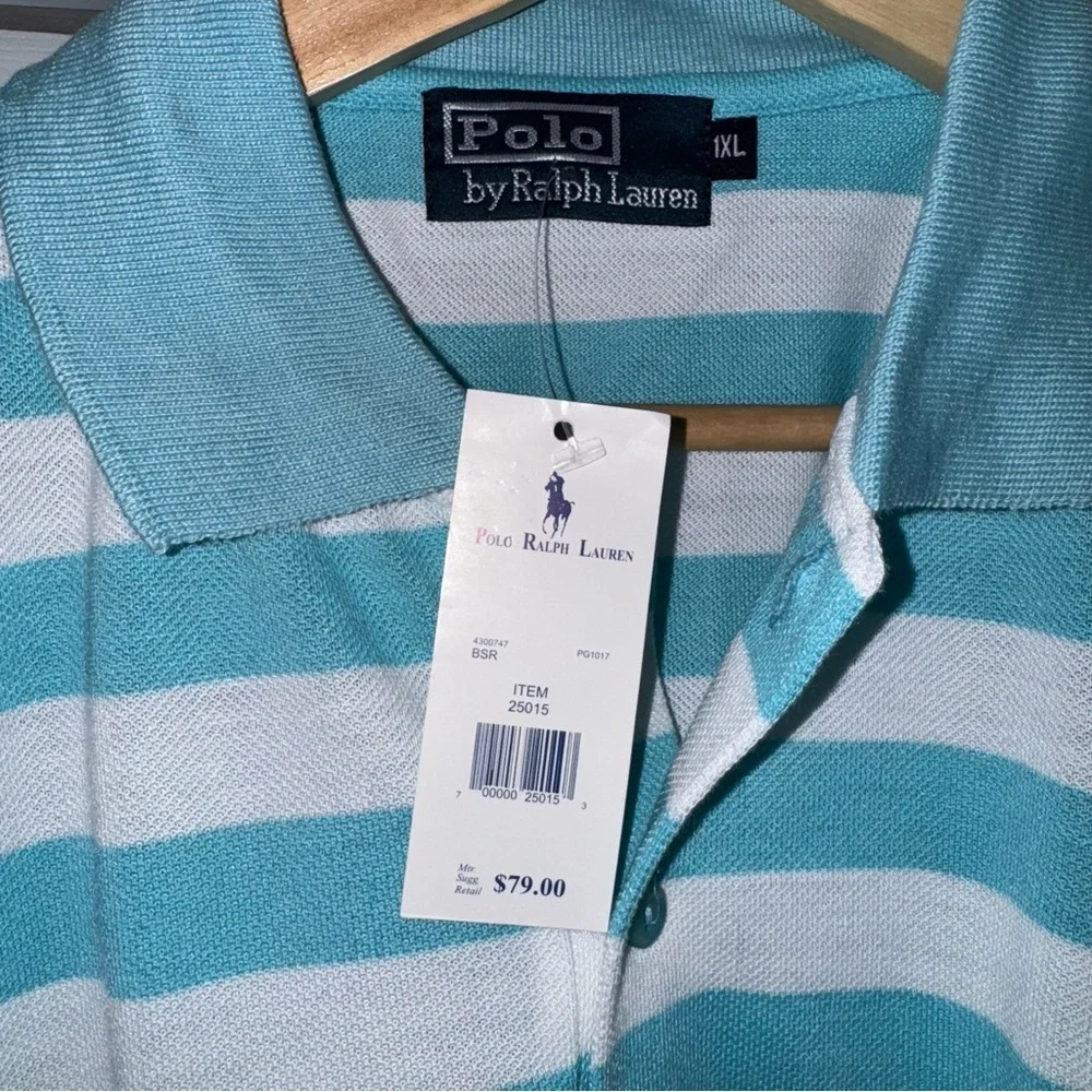 NWT Polo Ralph Lauren Polo Shirt Teal White Striped Pique Cotton XL Classic Fit
